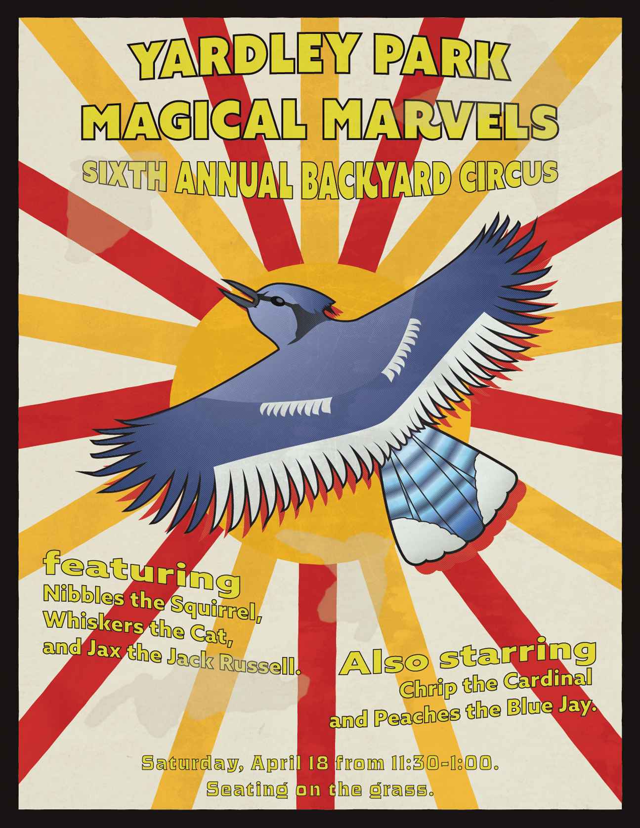 Aged circus poster with a blue jay
